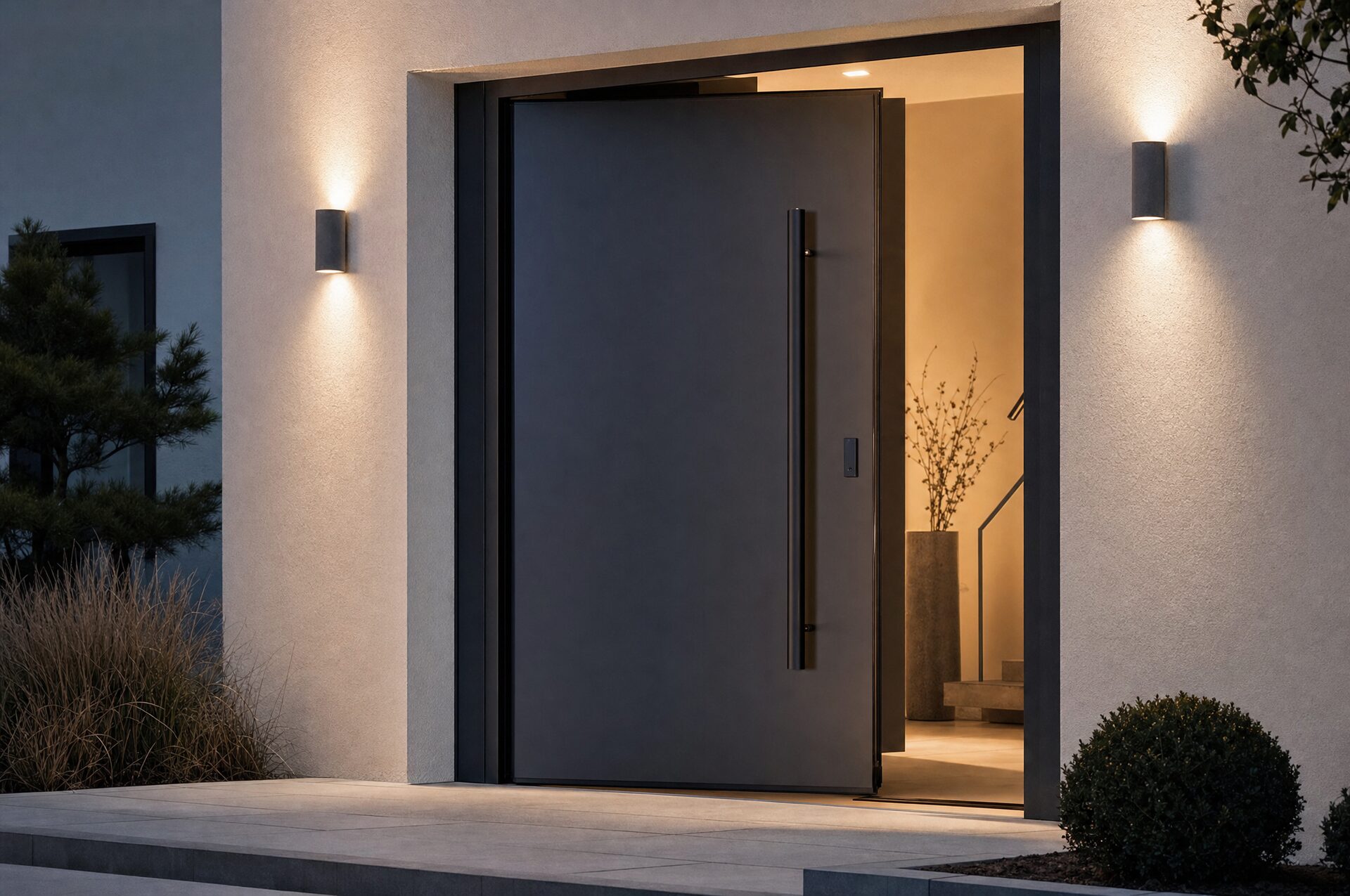 Halboffene dunkle Haustür im warmen Abendlicht