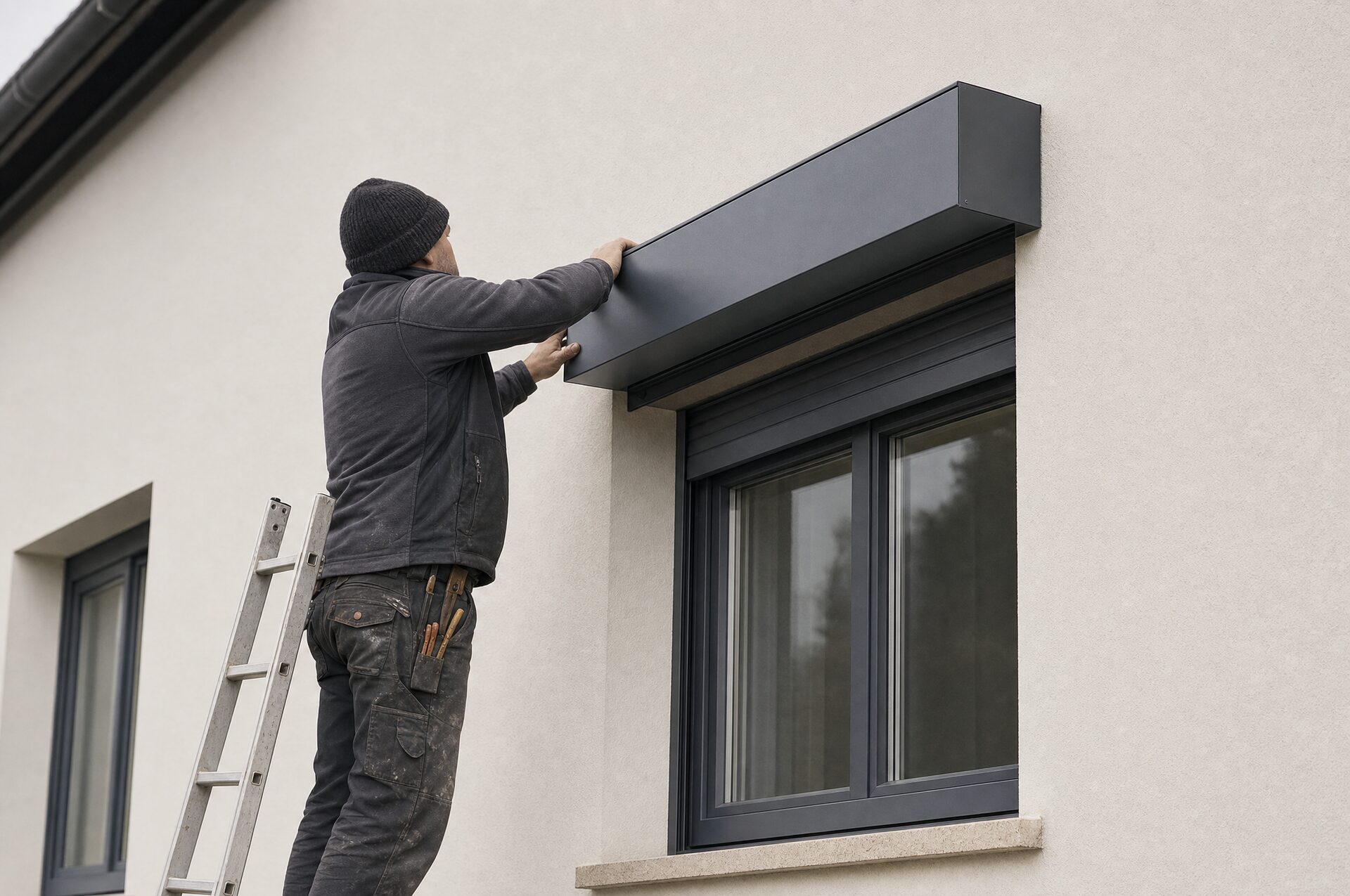 Monteur setzt einen Rollladenkasten über dem Fenster