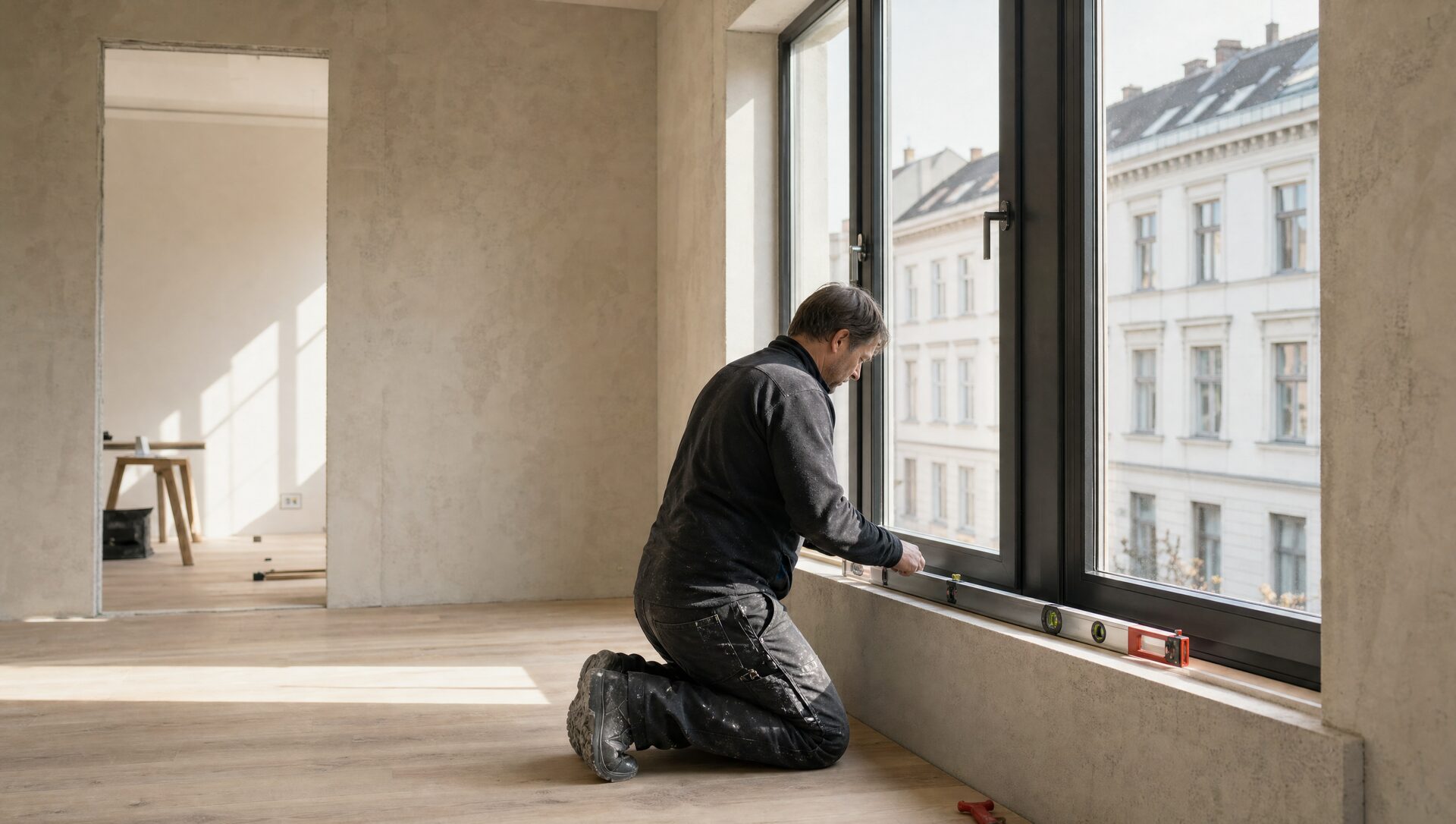 Handwerker setzt ein modernes Alu-Fenster in eine helle Hamburger Wohnung